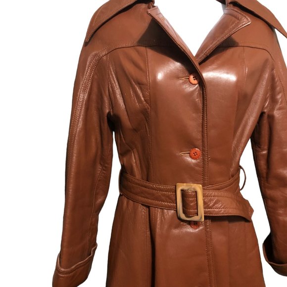 Vintage Lantry Spicy Brown Leather Belted Midi Coat Size S - Picture 2 of 9